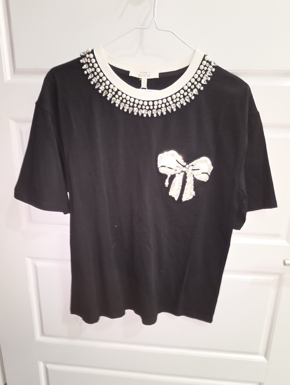 Pastels Black Tee with Pearl-Embellished Collar and White Sequin Bow